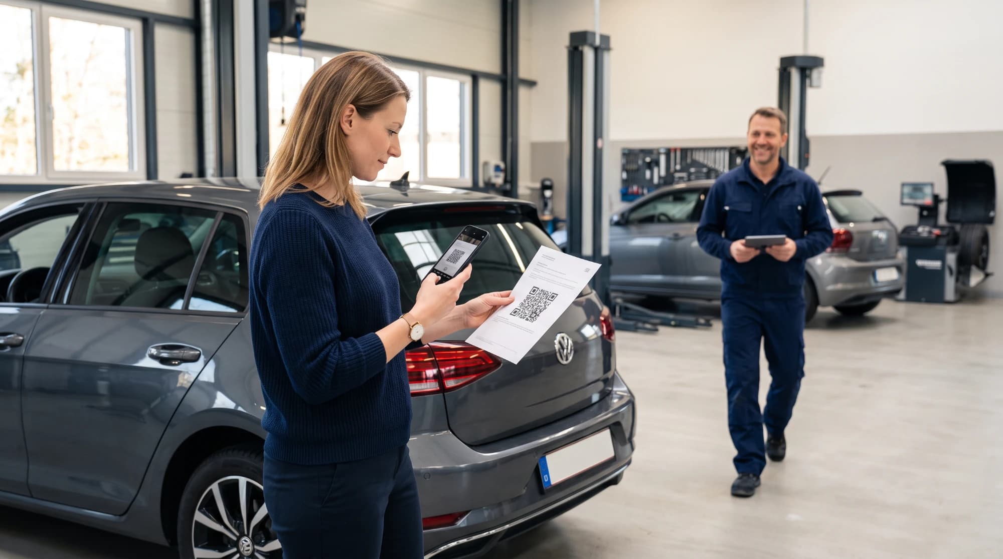 Une cliente scanne le code d'un contrat de garantie chez son garage partenaire