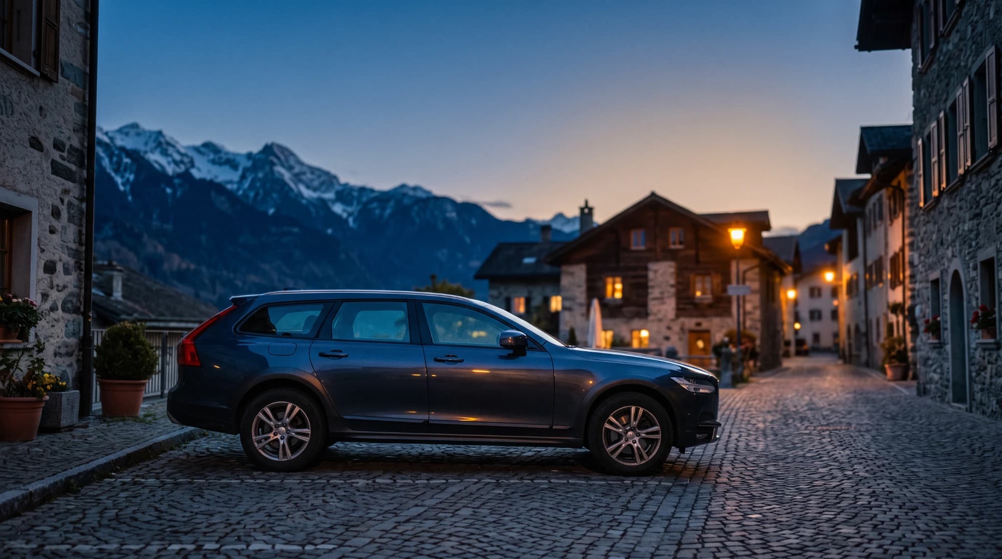 Break familial garé dans un village alpin suisse au crépuscule